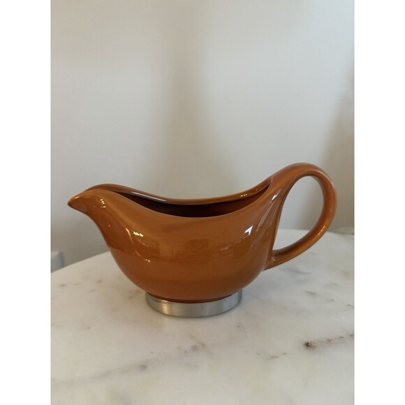 OGGI Orange Rust Ceramic Stainless Steel Base Gravy Sauce Boat Retro Vintage - Picture 1 of 7